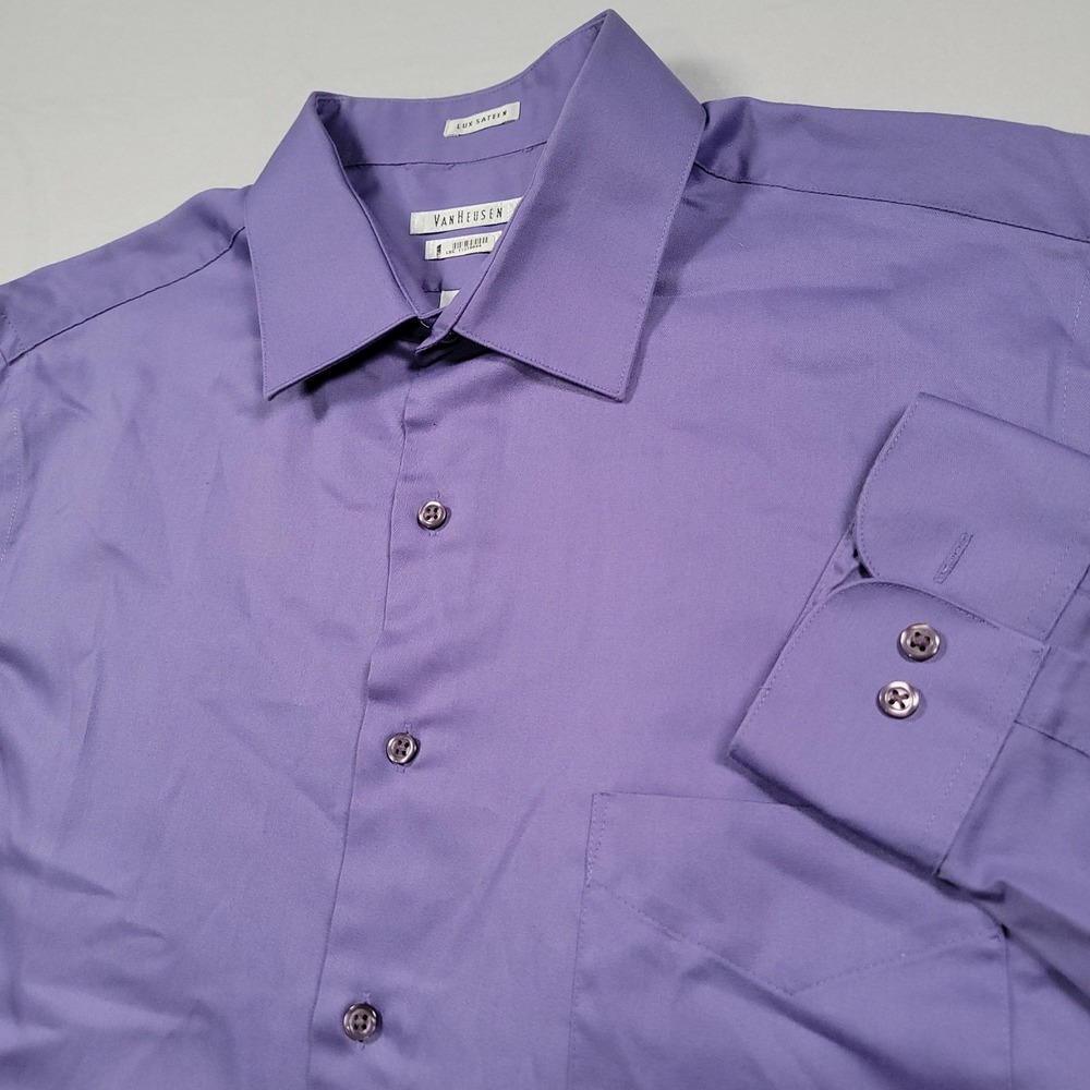 Van Heusen Lux Sateen Shirt Mens 17 34/35 Purple No Iron Cotton Blend